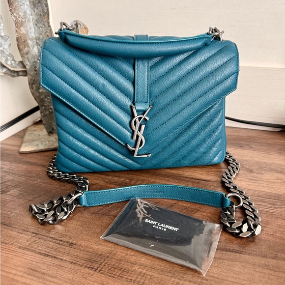 YSL Saint Laurent Matelasse Chevron Monogram Medium College Bag Teal - Picture 1 of 13